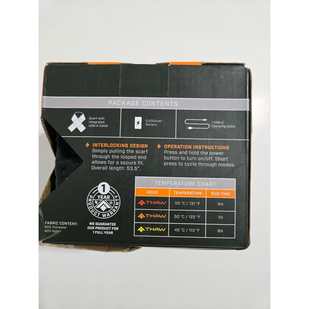 THAW Rechargeable Heated Scarf Black‎ Water Resistant 5000mAh OS